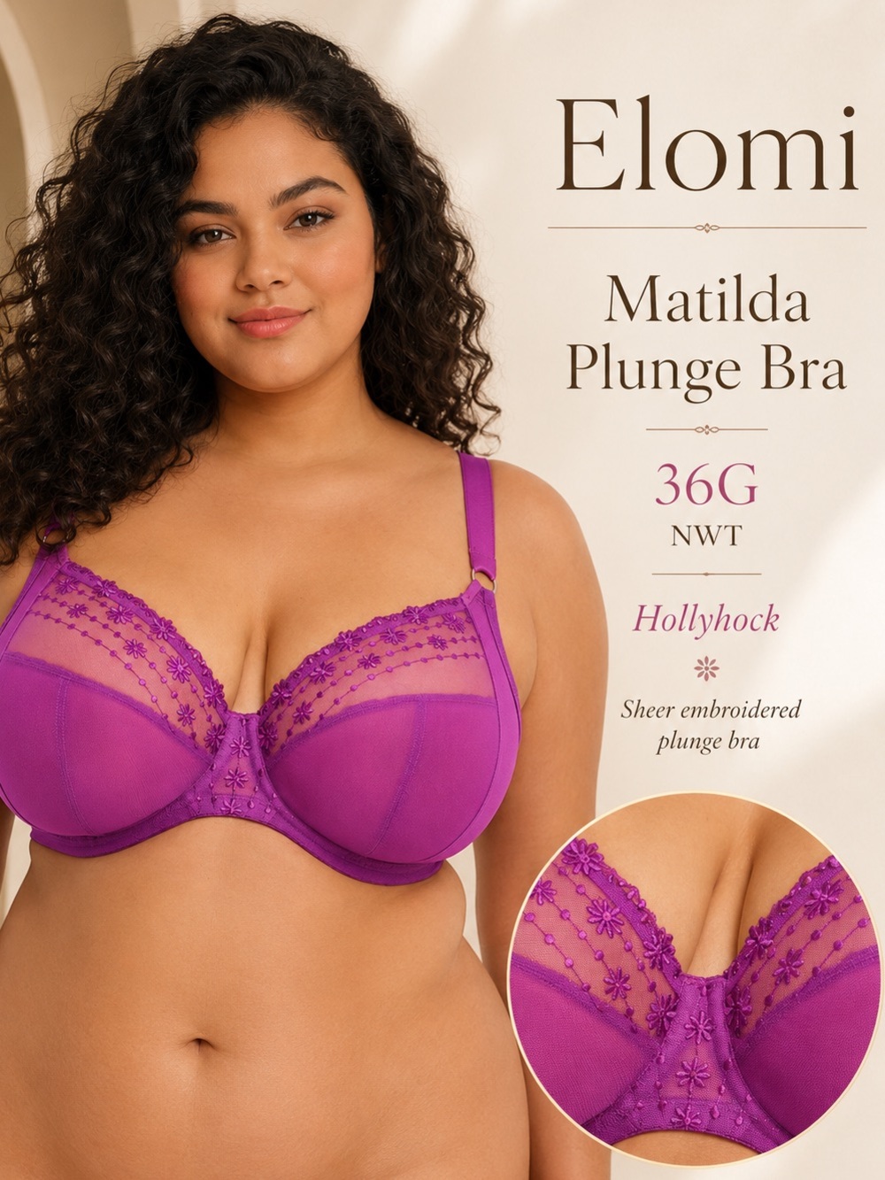 Elomi Matilda Plunge Bra 36G NWT Hollyhock